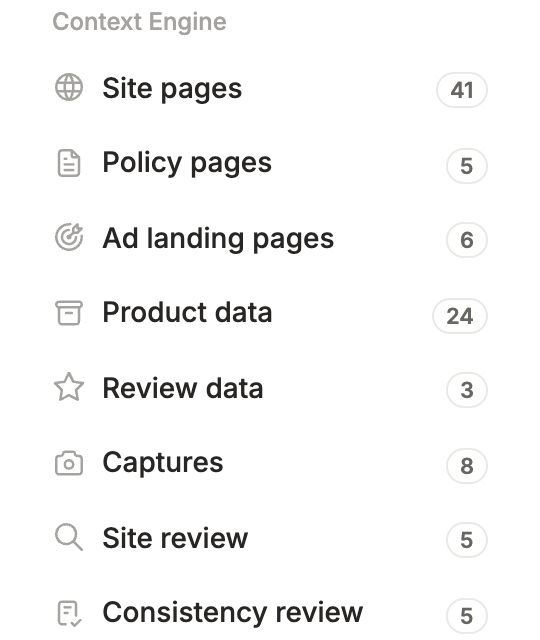 The Context Engine counts: site pages, policies, ad landing pages, product data, reviews, captures, and the site and consistency reviews